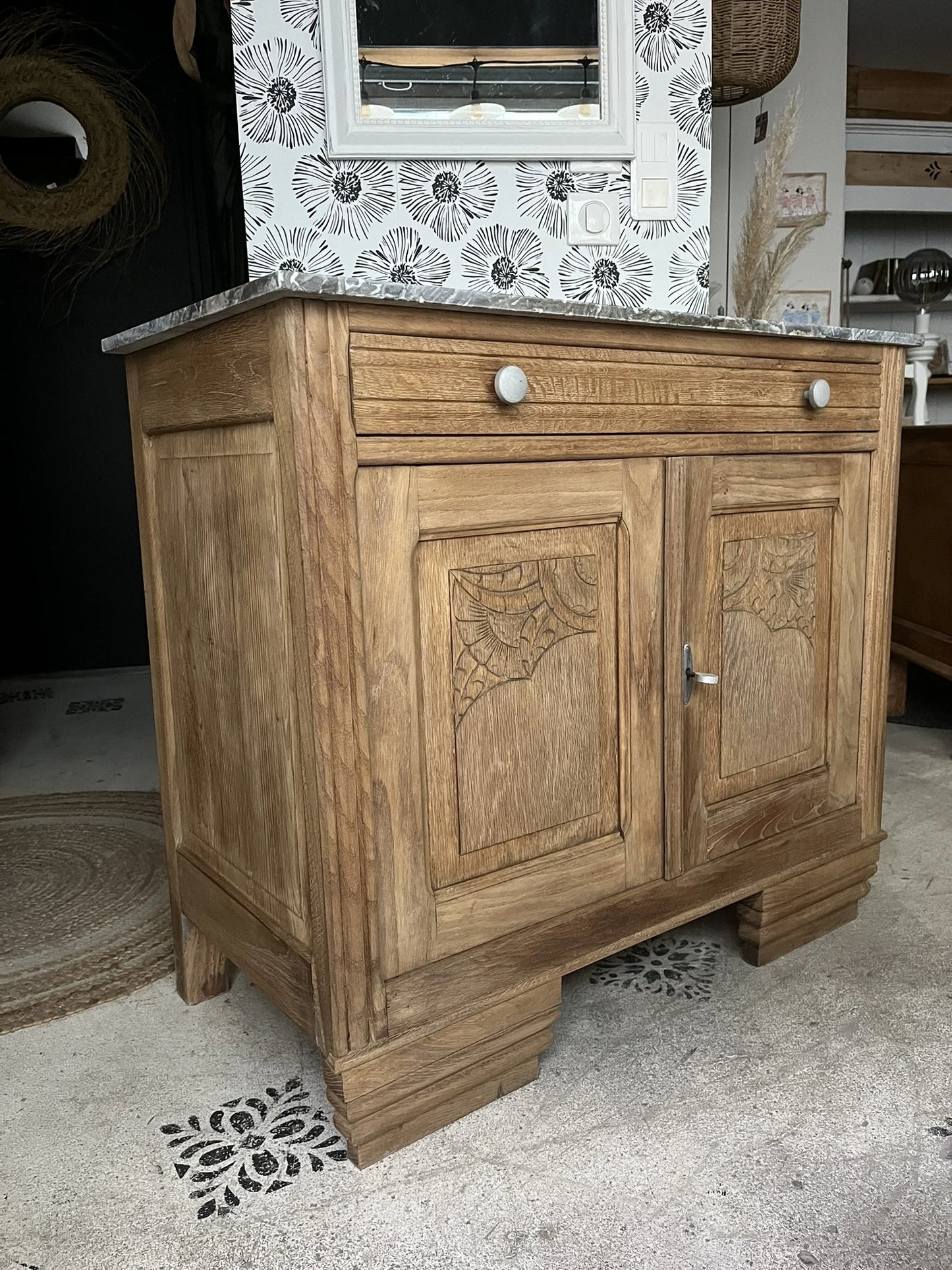 Buffet vintage Art Déco bois massif chêne et marbre