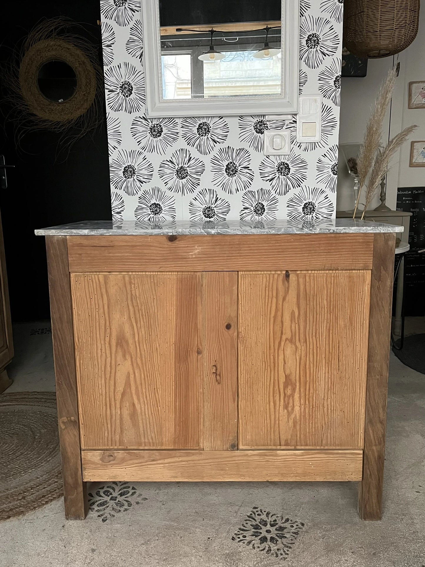 Buffet vintage Art Déco bois massif chêne et marbre