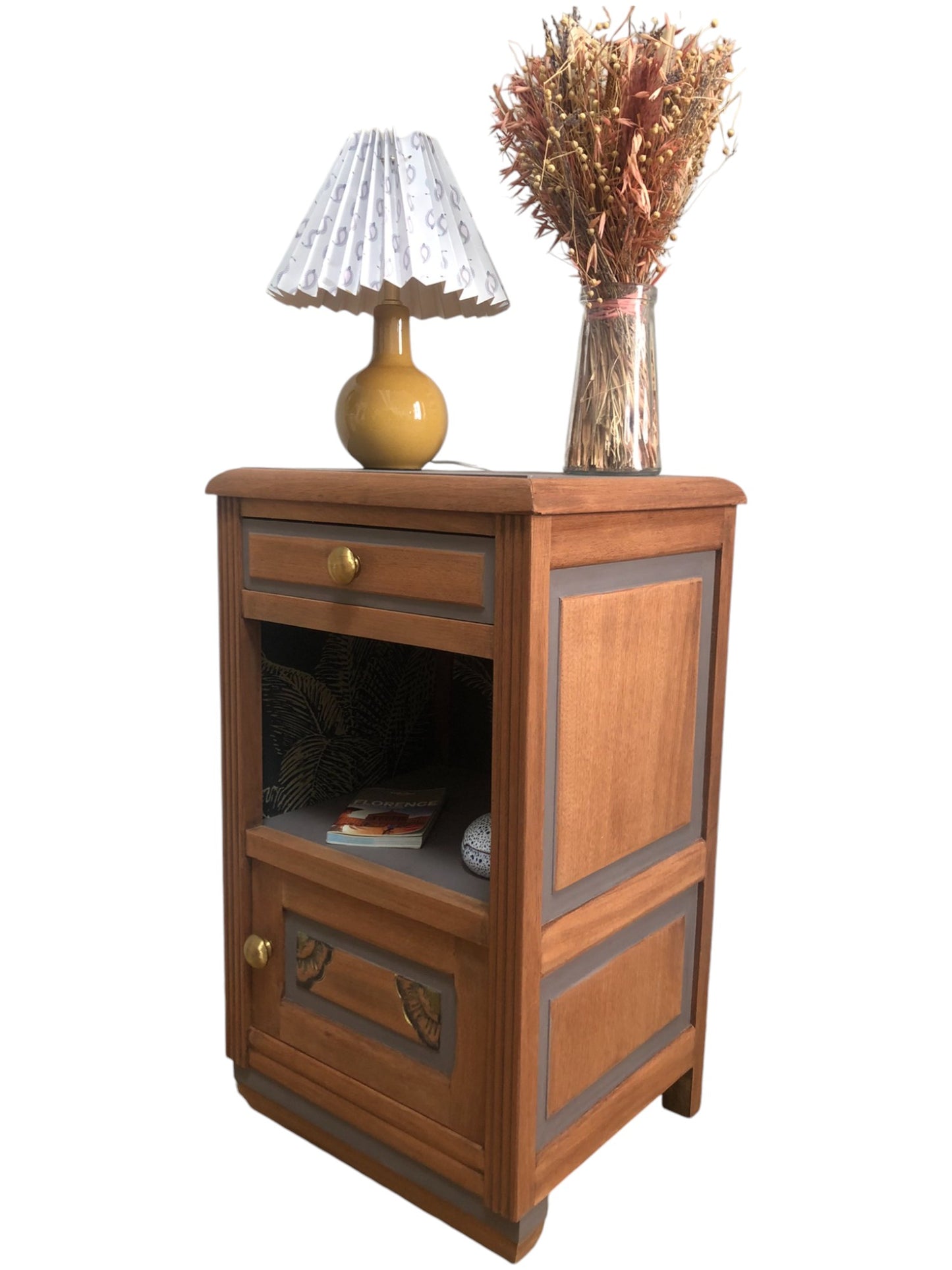 Table de chevet vintage Thémys bois et aubergine bois massif