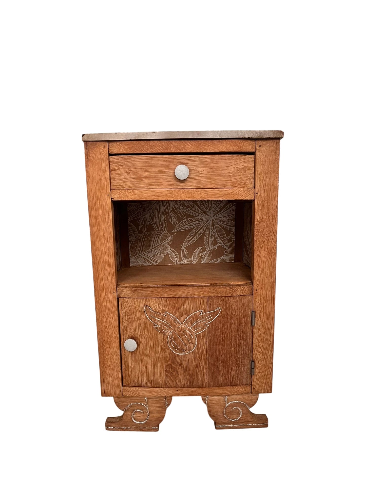 Table de chevet vintage Art Déco Eglantine bois et marbre Bordeaux