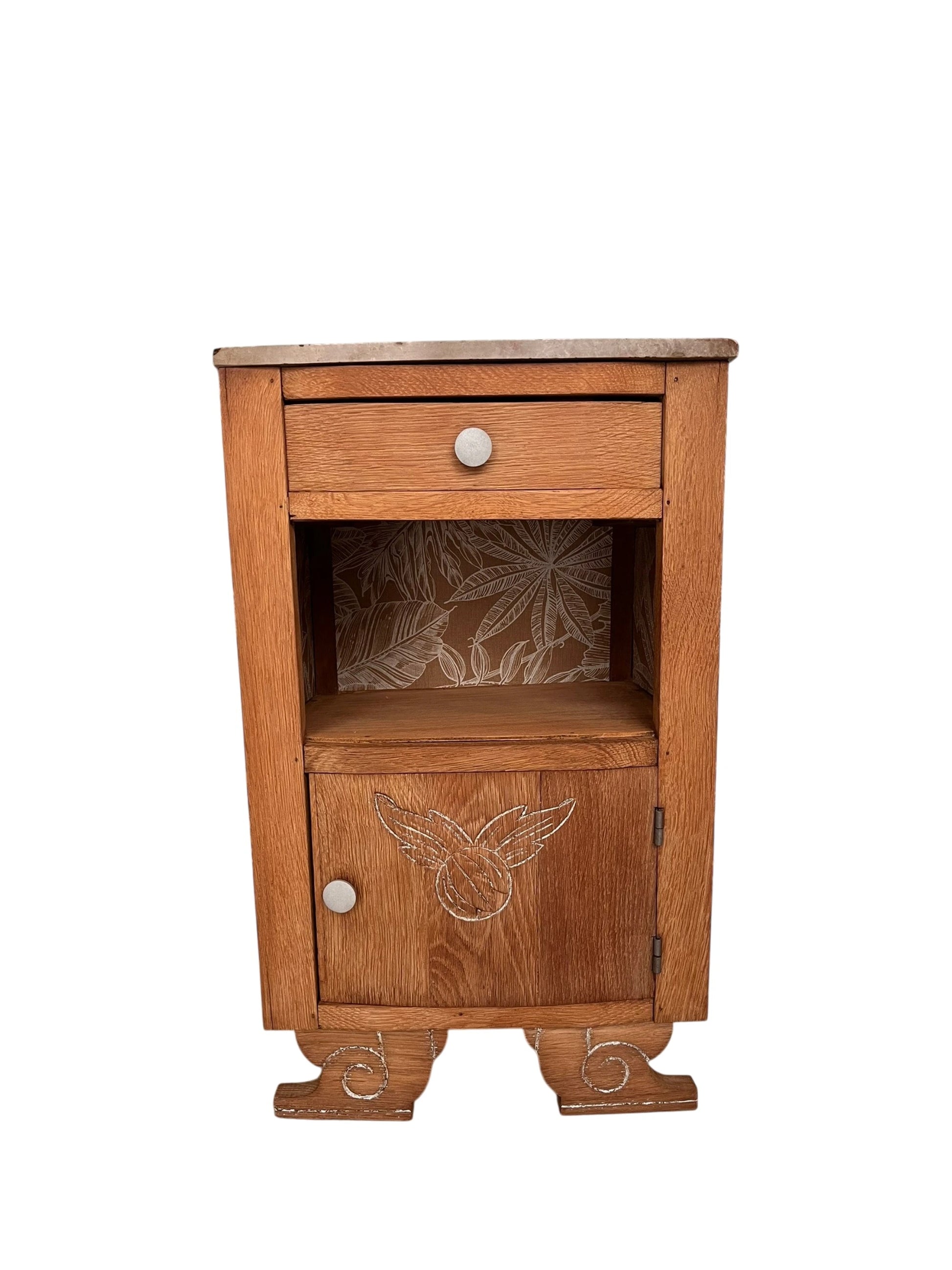 Table de chevet vintage Art Déco Eglantine bois et marbre Bordeaux