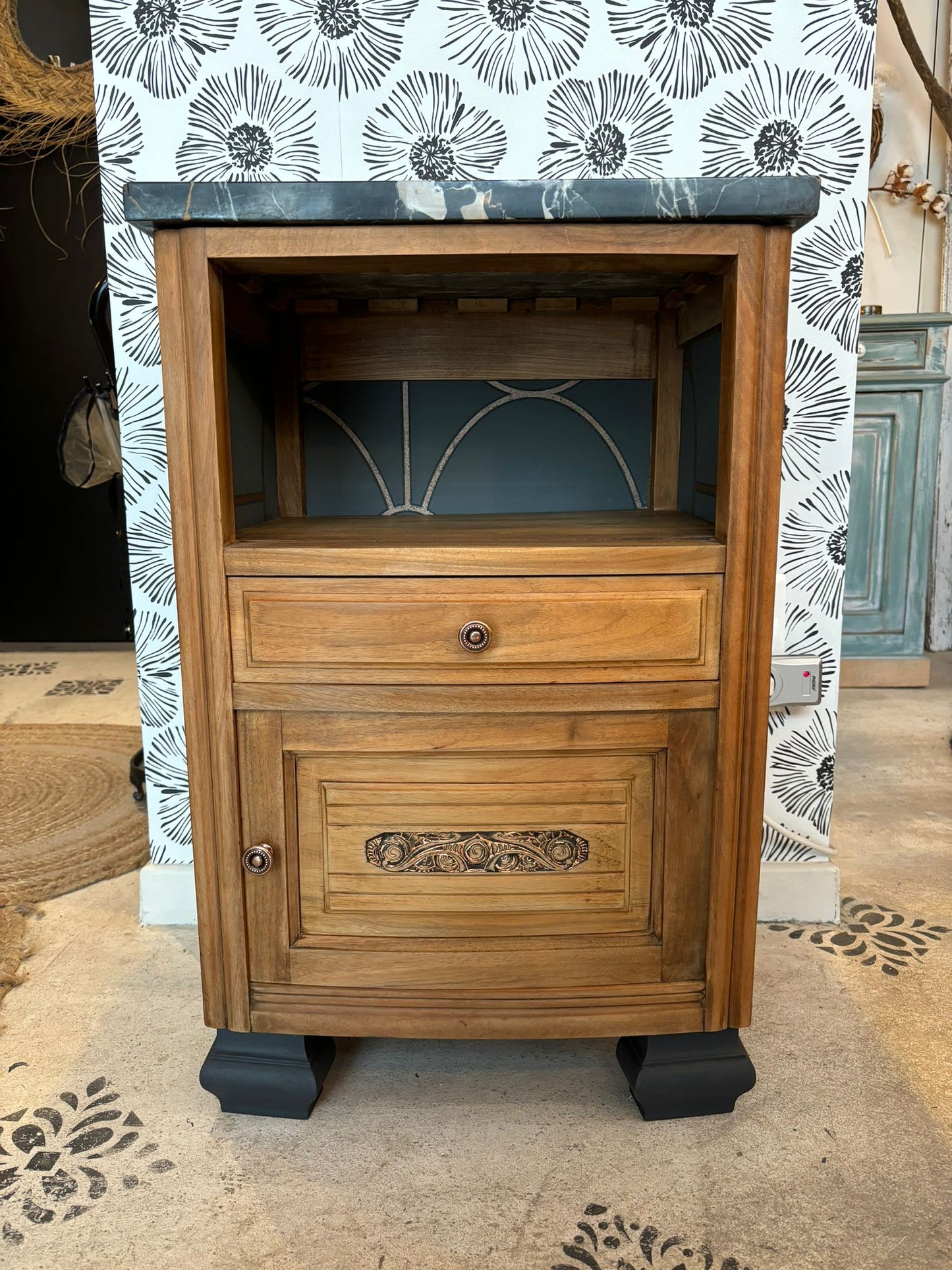 Table de chevet Théo bois, marbre et gris