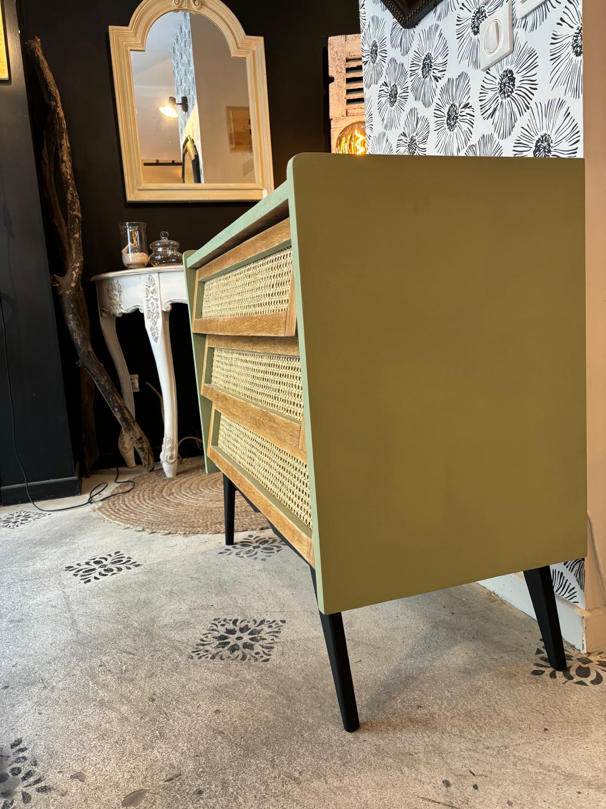 Commode Théa bois, cannage et vert de gris