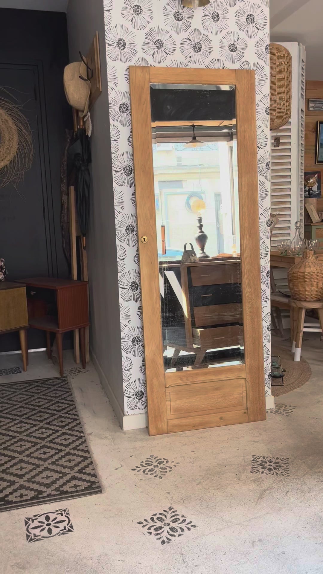 Porte armoire biseauté vintage Art Déco bois massif chêne Azalée Bordeaux