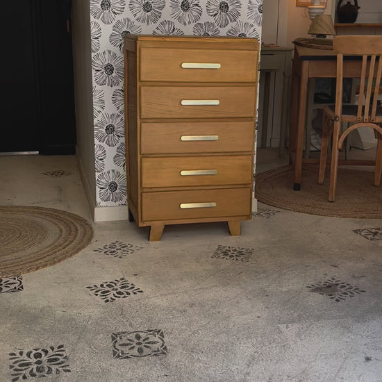 Chiffonnier commode vintage scandinave tiroirs bois, doré, pieds compas