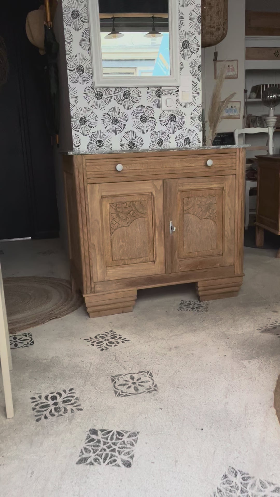 Buffet vintage Art Déco bois massif chêne et marbre