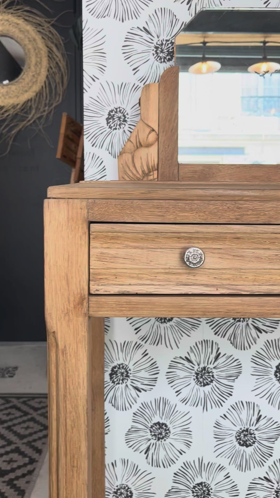 Coiffeuse vintage Art Déco Calliopée bois massif chêne Bordeaux