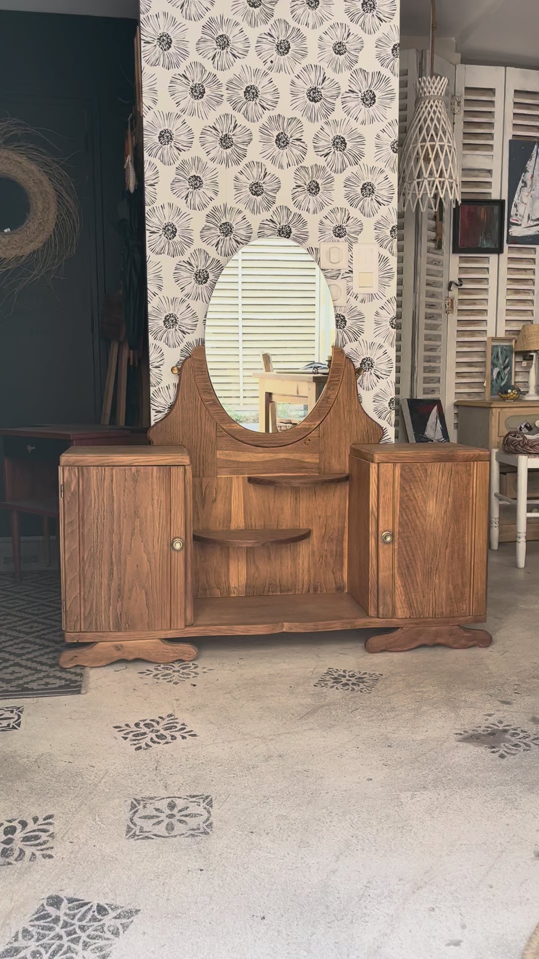 Coiffeuse buffet vintage Art Déco Mélissande 2 portes miroir Bordeaux