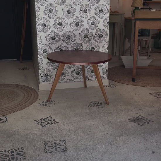 table basse scandinave marqueterie bois pieds compas