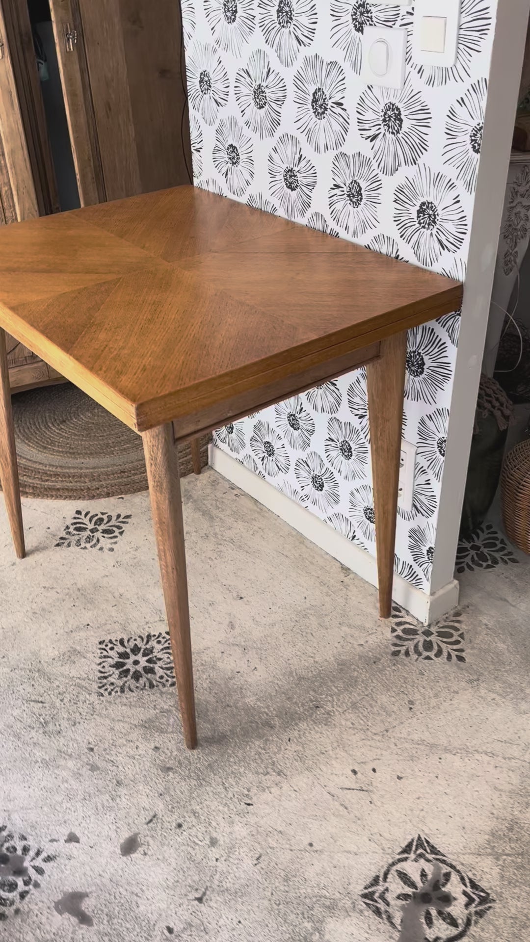 Table Garance vintage bois style scandinave pieds compas rallonge années 50 60 70