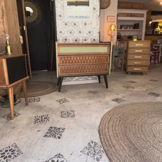 Commode Isadora années 50-70 scandinave rotin pieds compas