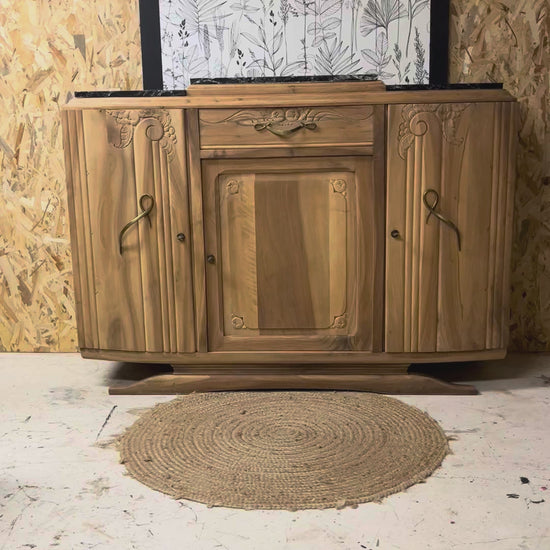 Buffet vintage Art Déco Ysandre bois massif marbre 3 portes 1 tiroir Bordeaux