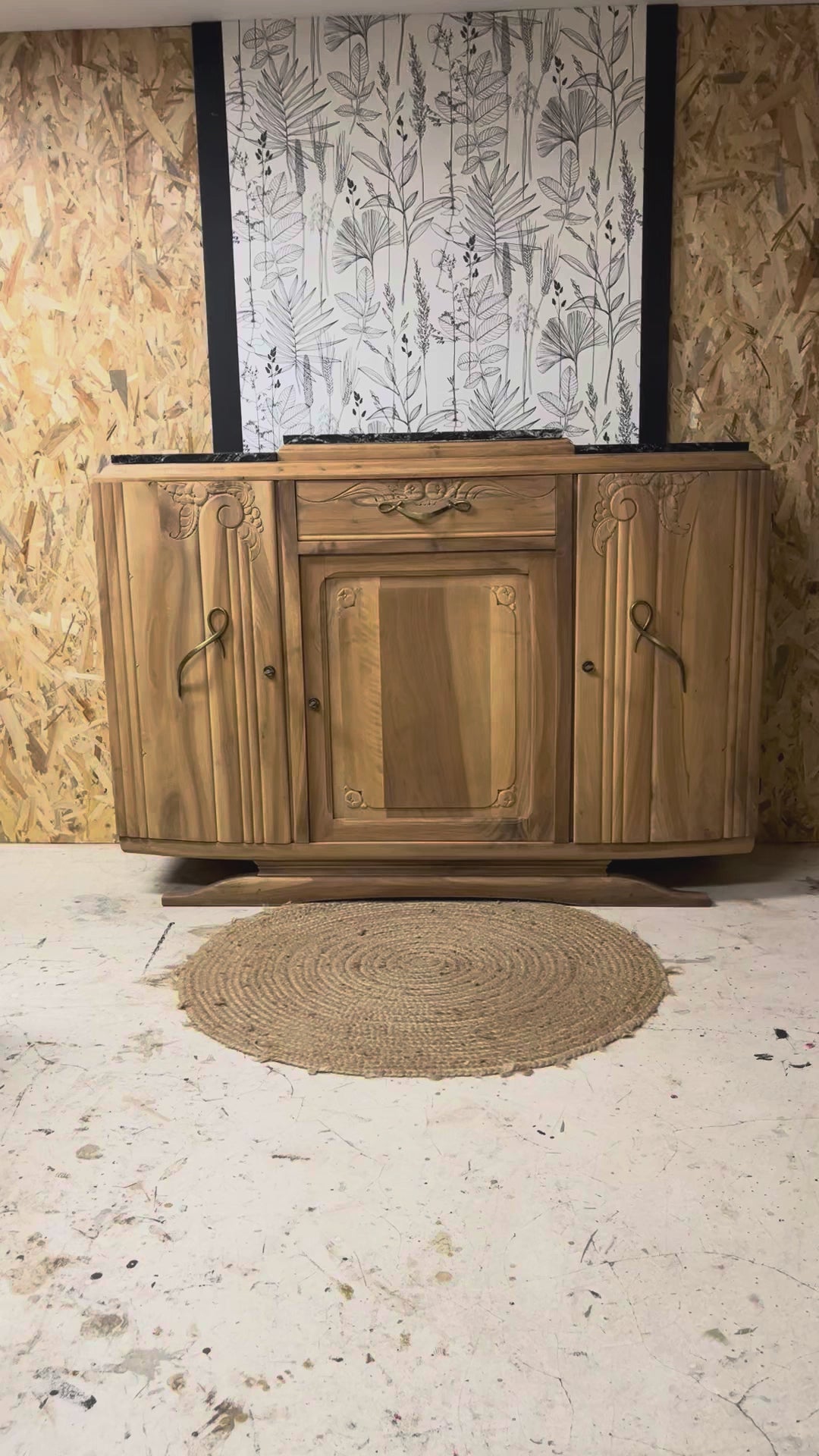 Buffet vintage Art Déco Ysandre bois massif marbre 3 portes 1 tiroir Bordeaux